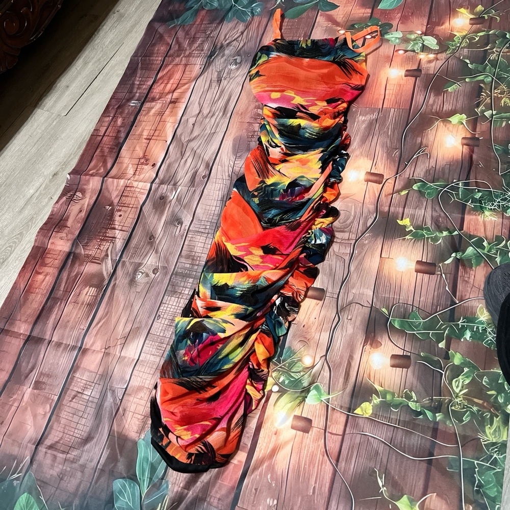 Fashion Nova Orange Tropical Ruched Maxi Dress
